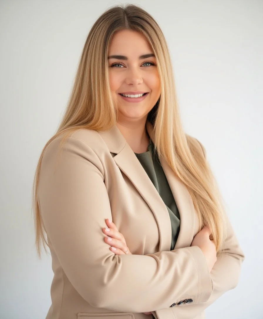 A woman with long blonde hair smiling, wearing a beige blazer and crossed arms, against a plain white background.
