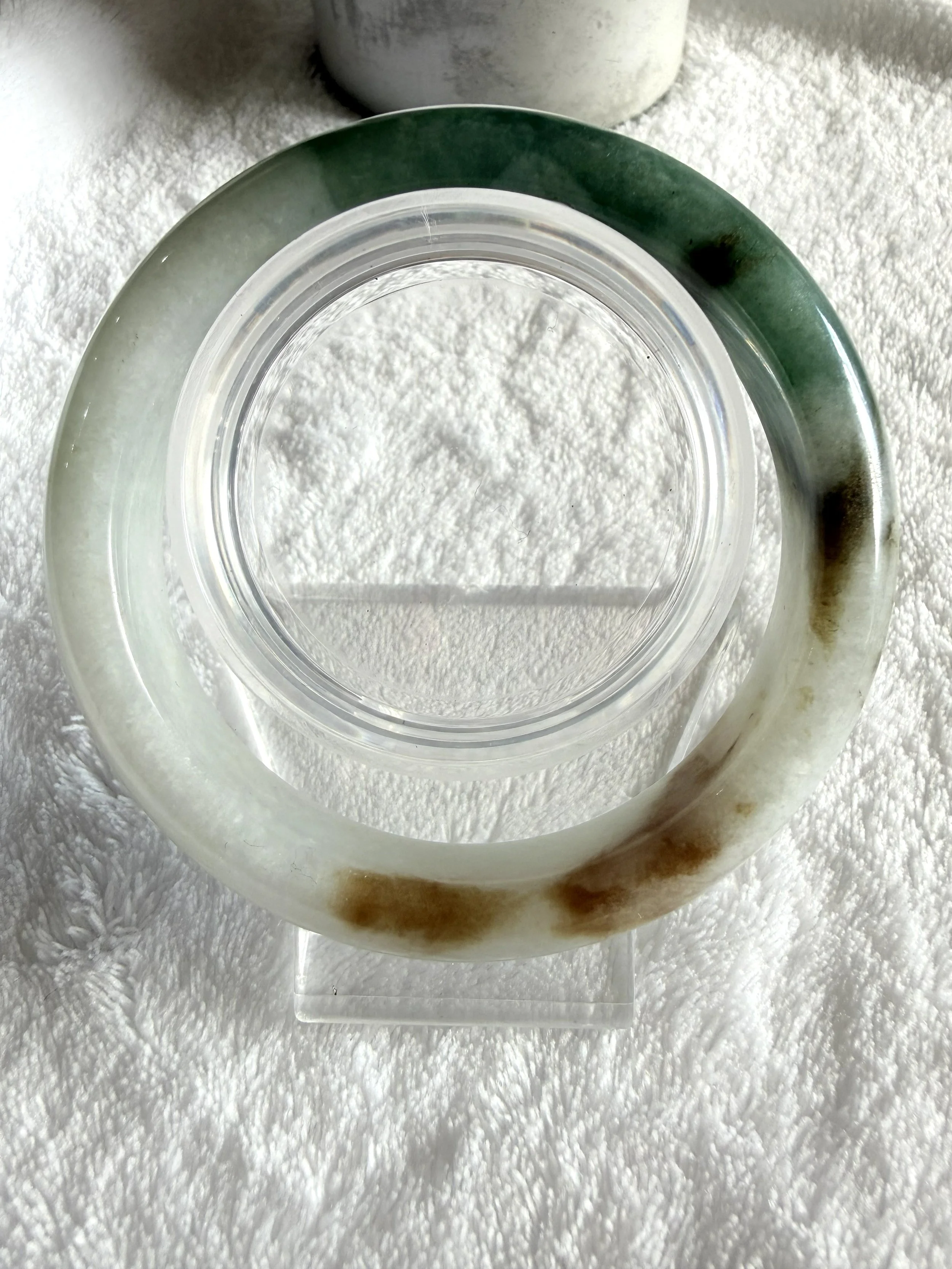 Grade A Burmese Jadeite "Olive green and yellow on icy milky white base" bangle