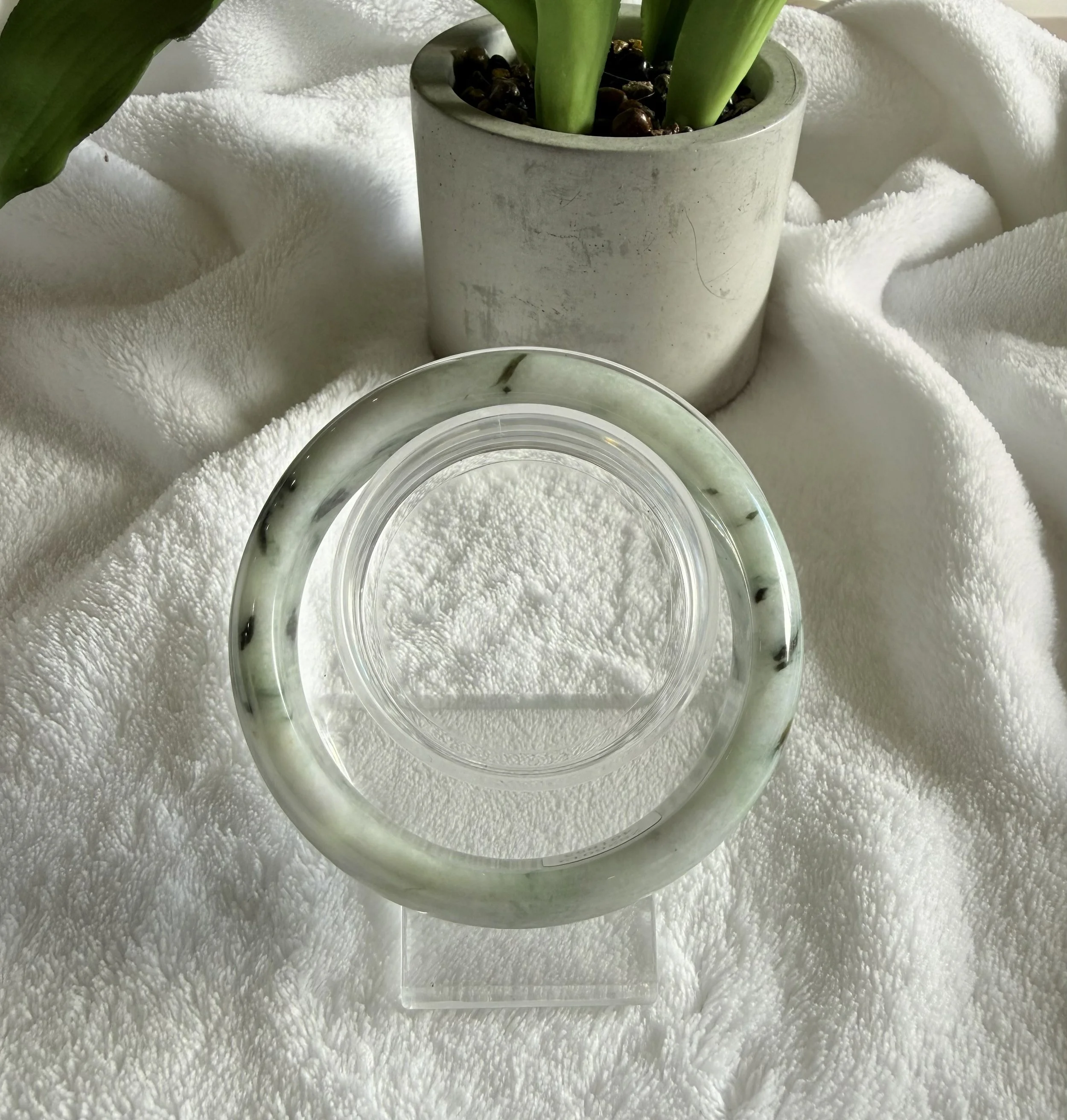 Grade A Burmese Jadeite "Moss on Snow" Bangle
