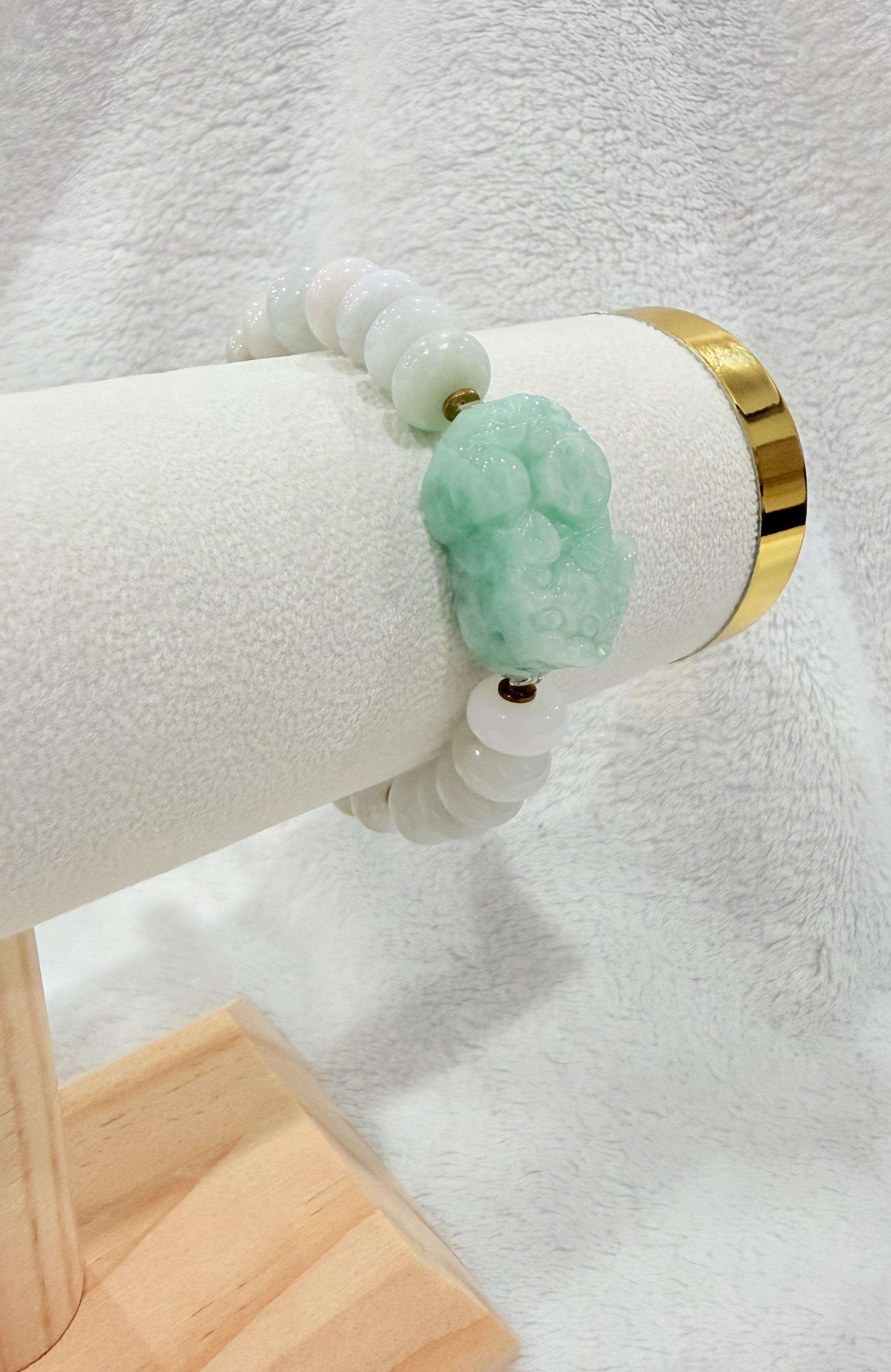 Burmese Jadeite Abacus Bracelet with Icy Blue Green Pixiu