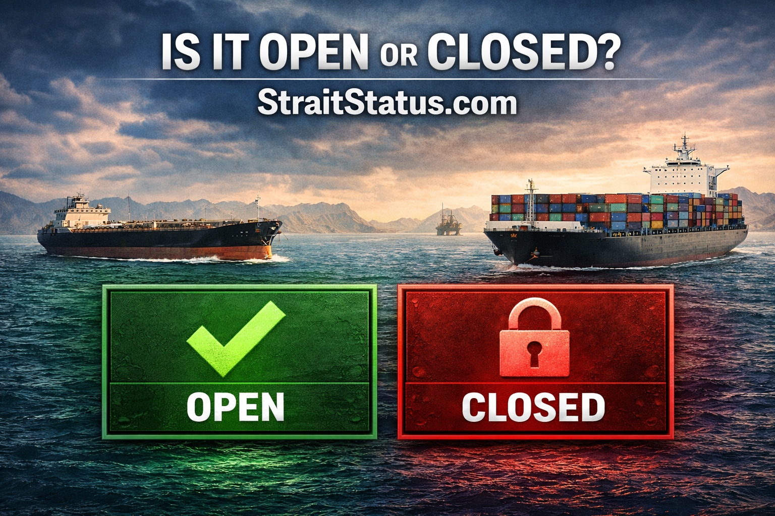 Modern homepage hero image for StraitStatus.com showing the question "Is It Open or Closed?" above the Strait of Hormuz. Large oil tanker and container ship travel nearby the waterway, with a green OPEN and a red CLOSED status panel below.