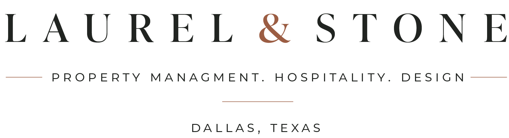 Logo for Laurel & Stone property management company with text promoting hospitality and design services based in Dallas, Texas.