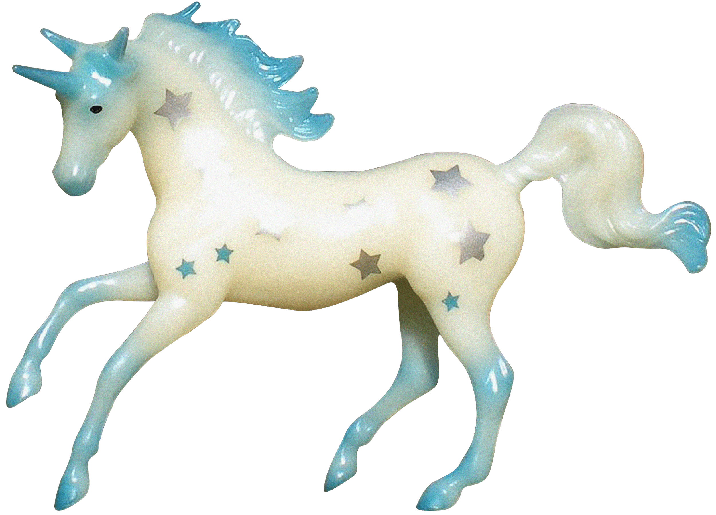 A ceramic or plastic figurine of a white unicorn with a blue mane and tail, decorated with silver star patterns.