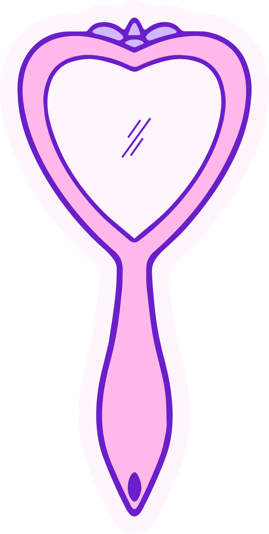 Illustration of a pink and purple hand mirror with a heart-shaped reflective surface.