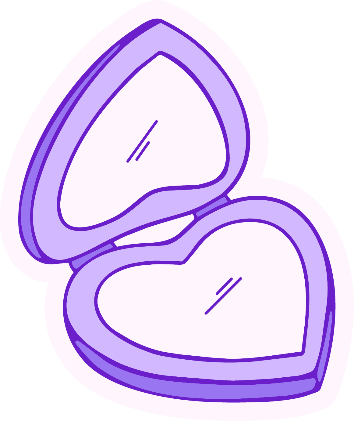 A purple and white illustration of an open heart-shaped compact mirror.