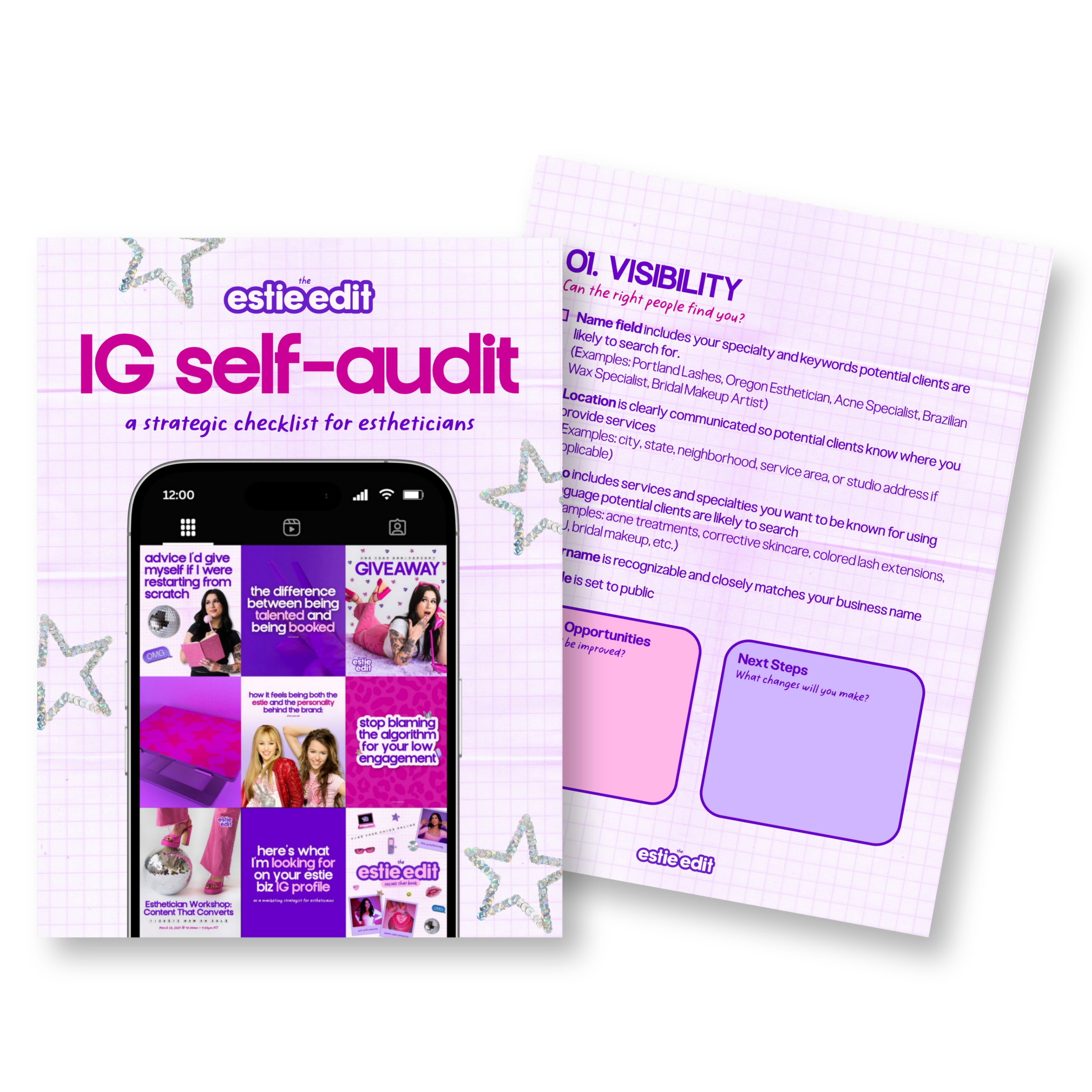 A visual sample of the cover page and first work page titled "01. visibility" from the free document Instagram Self-Audit for estheticians created by The Estie Edit