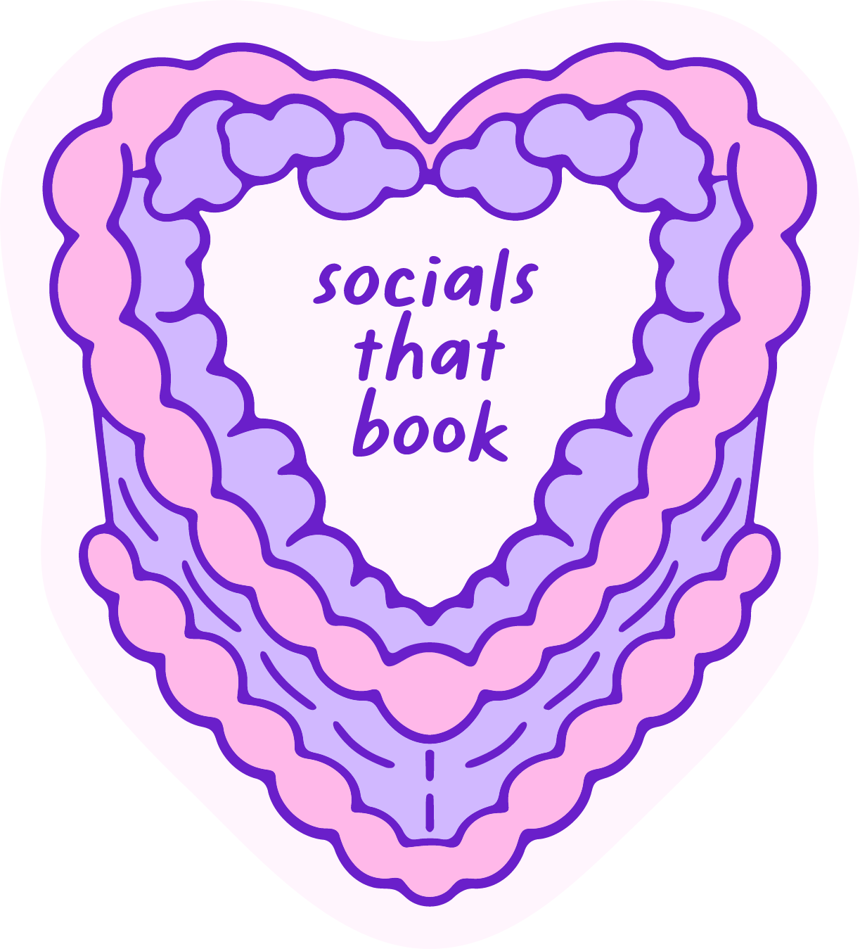 Pink and purple heart-shaped graphic with the text "socials that book" inside.