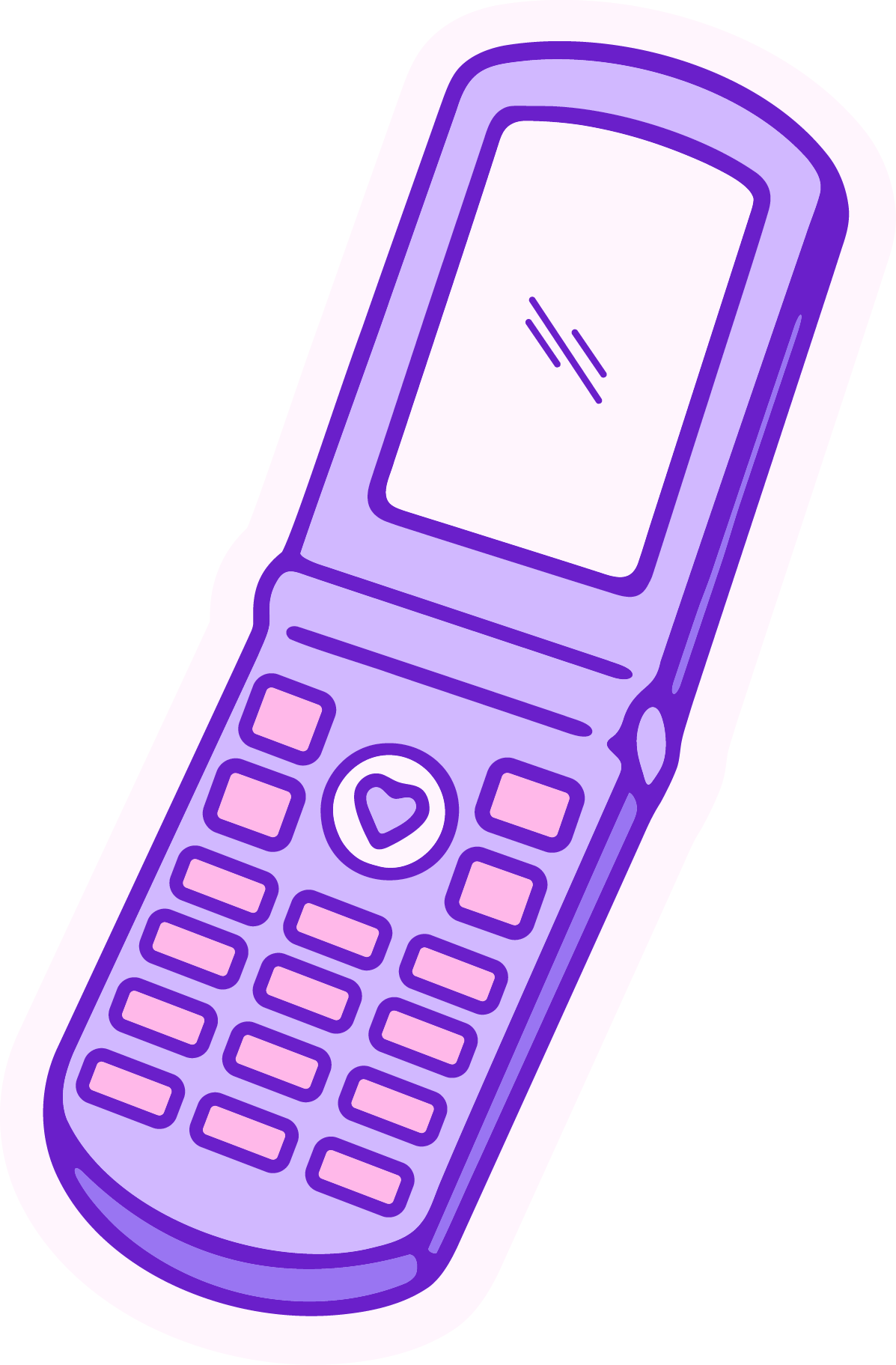 Illustration of a purple flip phone with a small screen and keypad, including a heart shaped "OK" button.