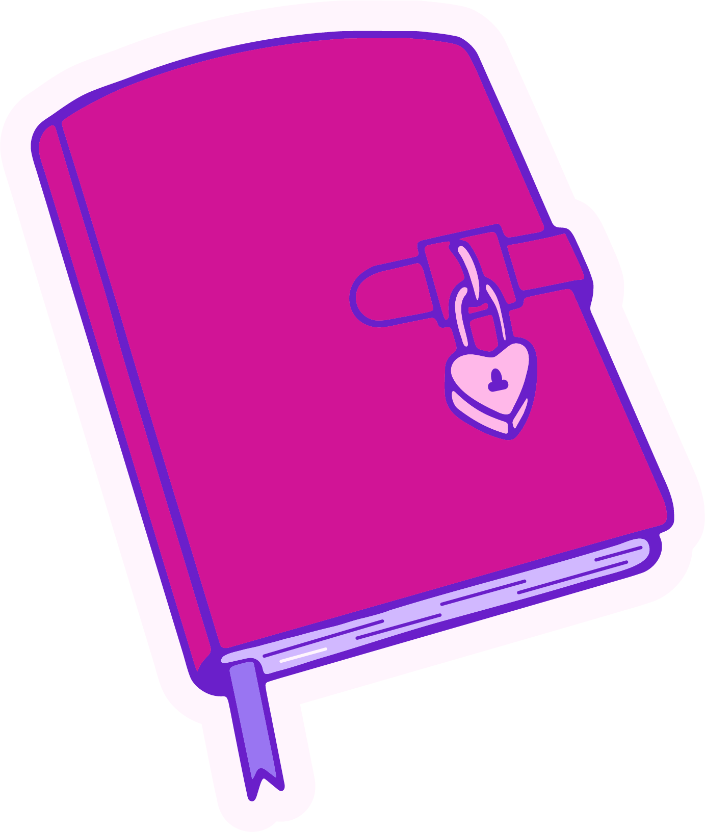 Illustration of a closed purple book with a pink heart-shaped lock on the cover, attached to a purple ribbon bookmark.