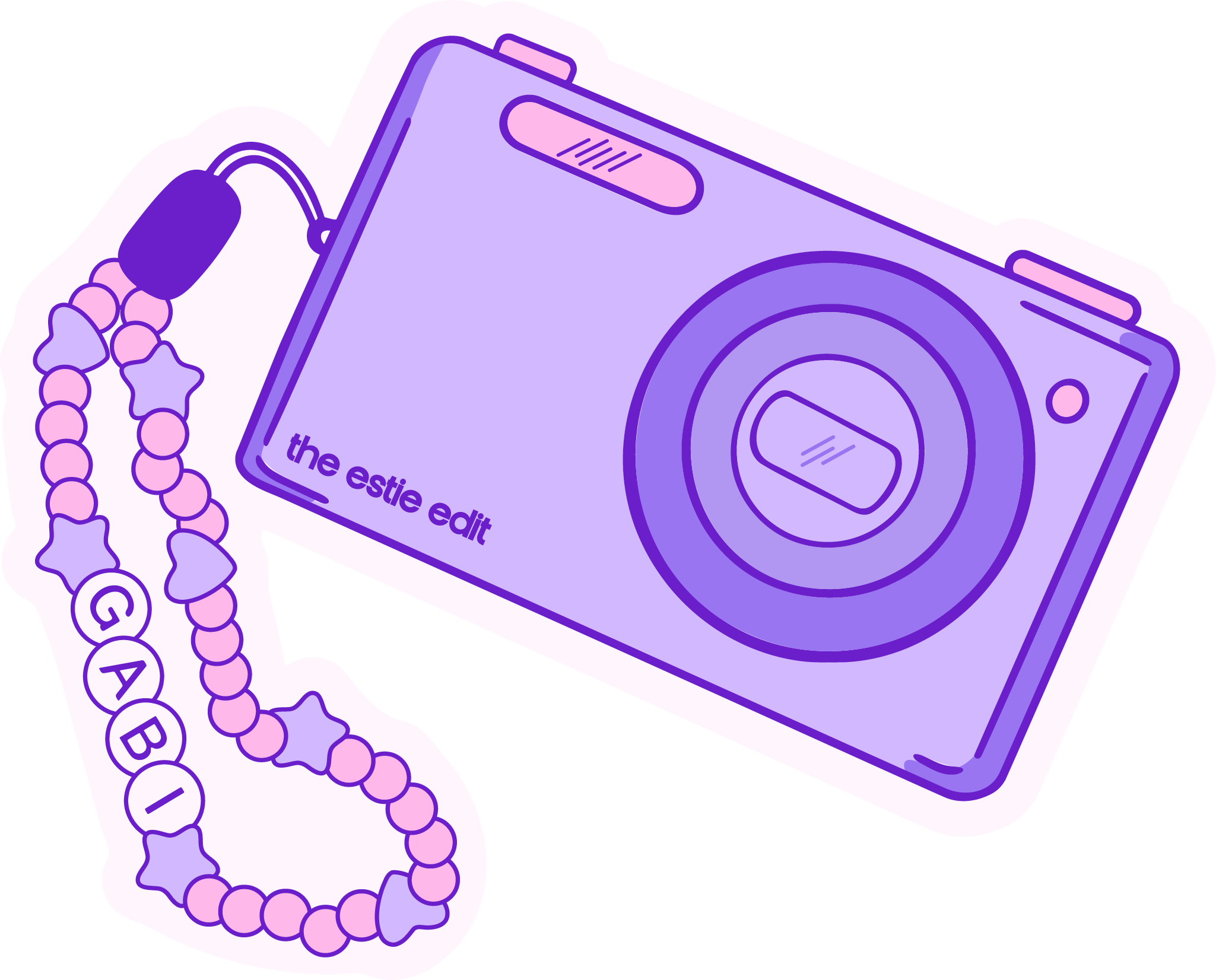 A purple instant camera with a label that reads "the estie edit," a pink button, two pink and purple beaded necklaces, and a pink and purple beaded charm keychain spelling out the letters GABI.