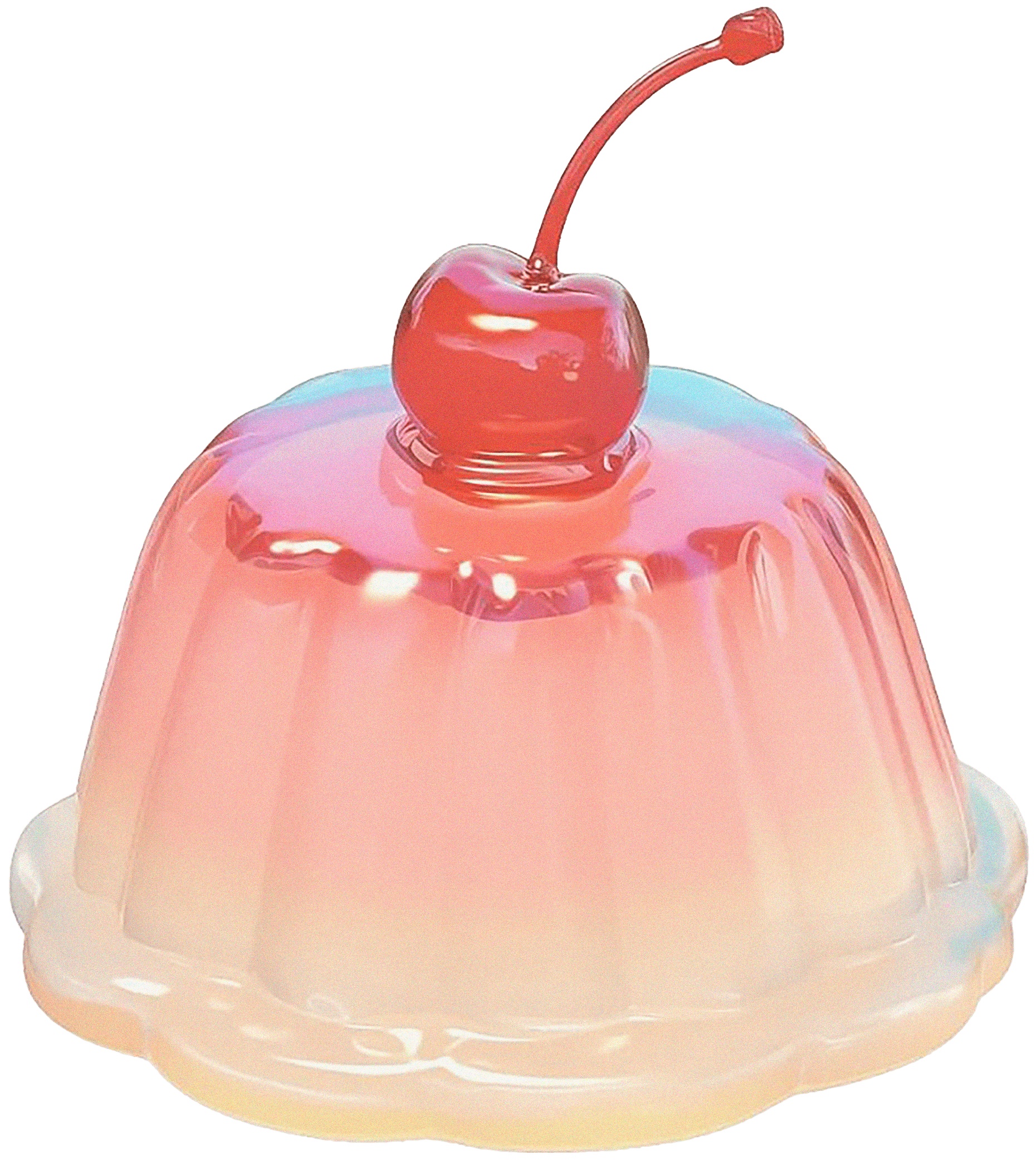 Colorful moulded gelatin that appears to be made of glass with a pink cherry on top.