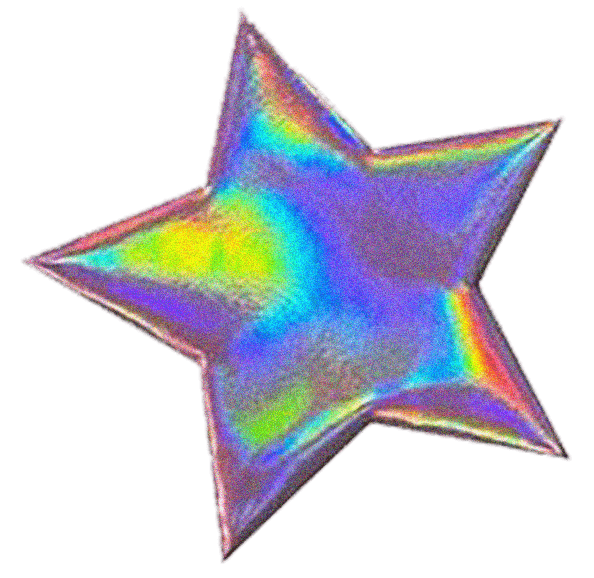 A star-shaped object with a holographic, iridescent surface reflecting multiple colors.