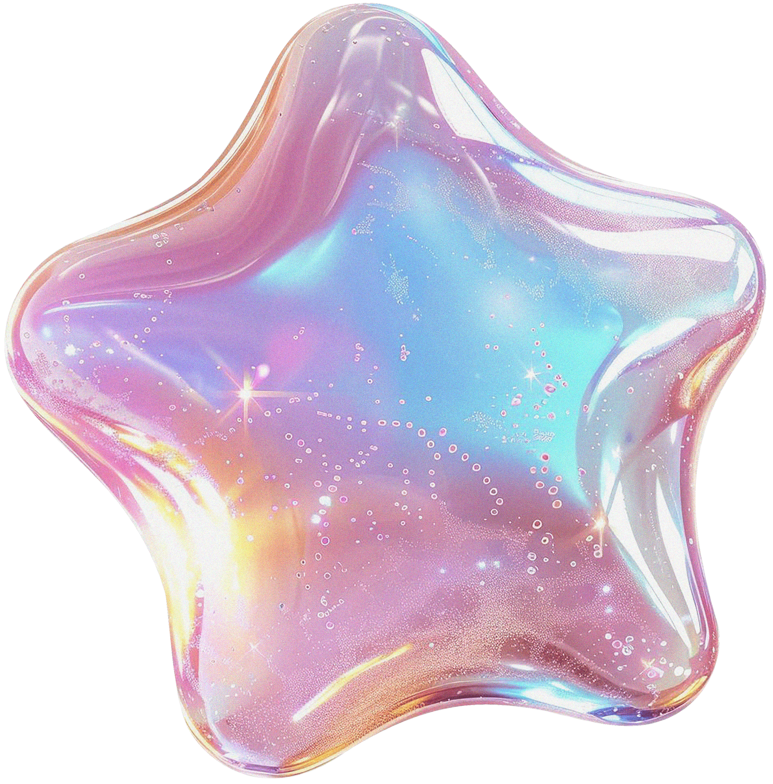 Close-up of a colorful 3D star bubble with iridescent swirls and small reflections.