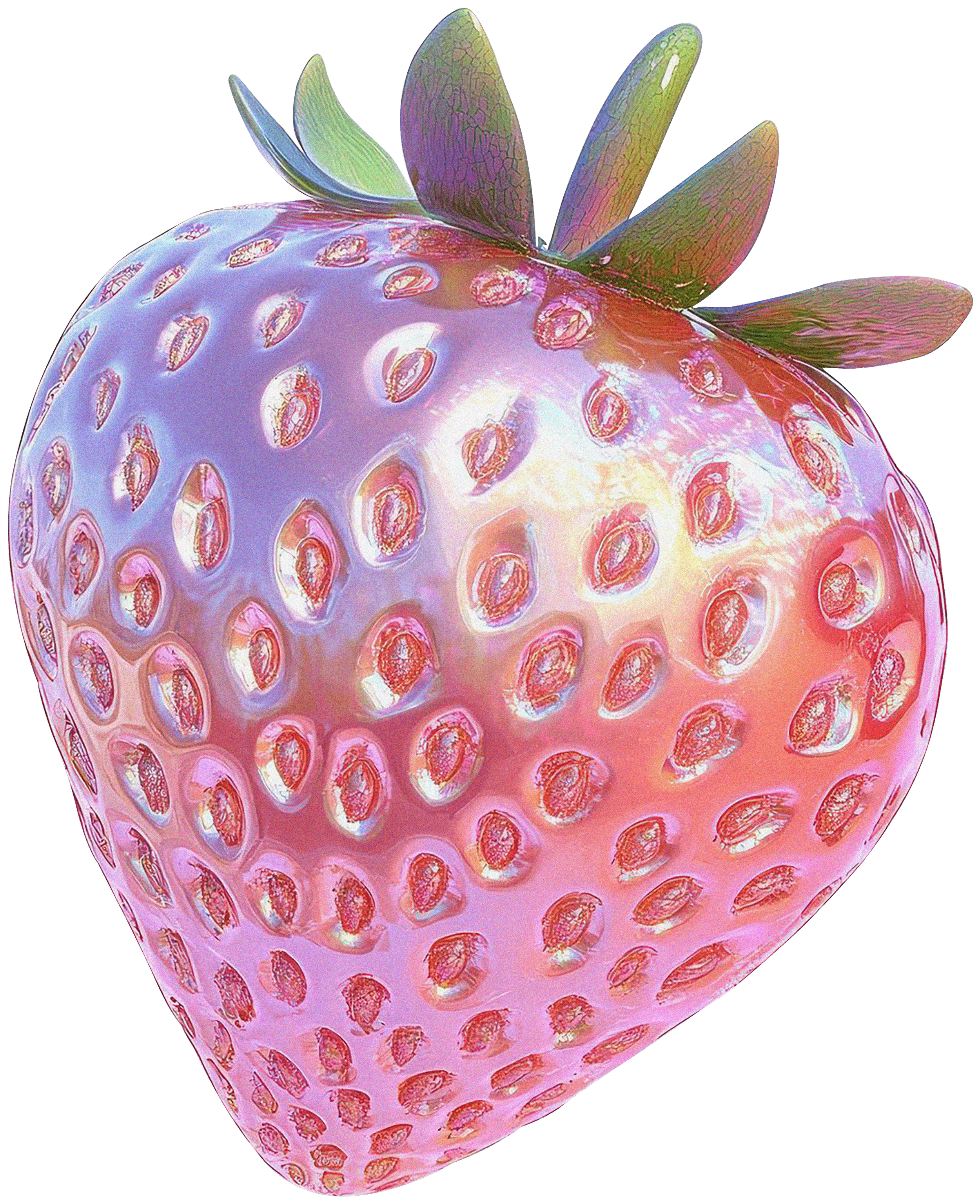 A close-up of a strawberry with a digital, holographic effect. The strawberry's surface and leaves show iridescent colors and a glossy sheen.