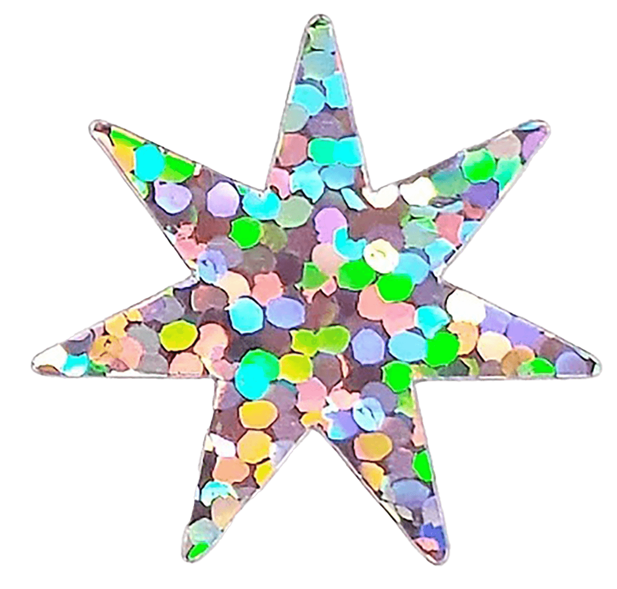 Colorful star-shaped sticker filled with multicolored confetti.