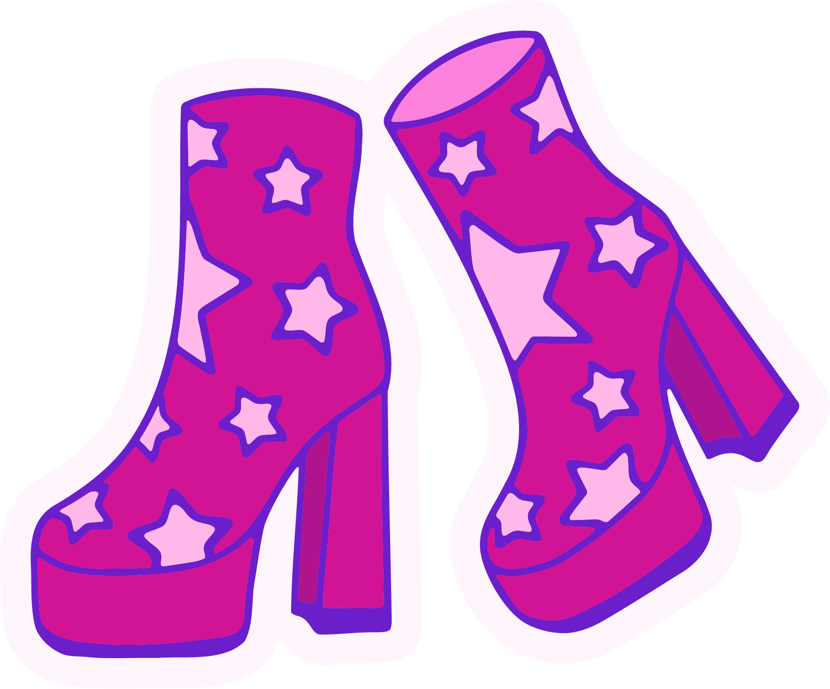 Stylized illustration of a pair of purple and pink go-go platform boots with light pink star patterns and outlined in dark purple.