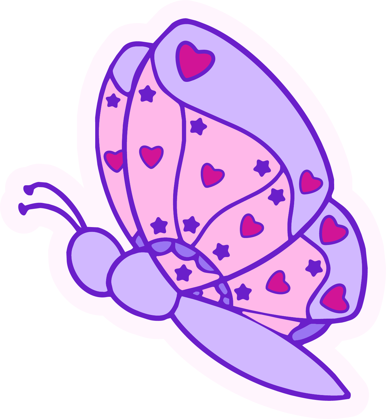 A colorful cartoon butterfly with pink and purple wings decorated with hearts and stars, outlined in dark purple, with a purple body and antennae.