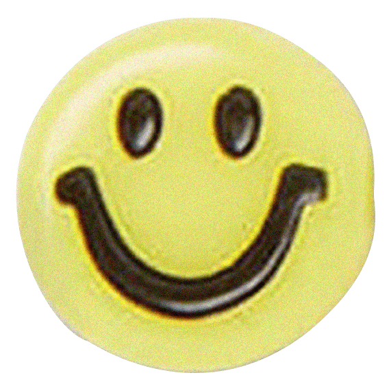 Yellow smiley face with black eyes and a big black smiling mouth.