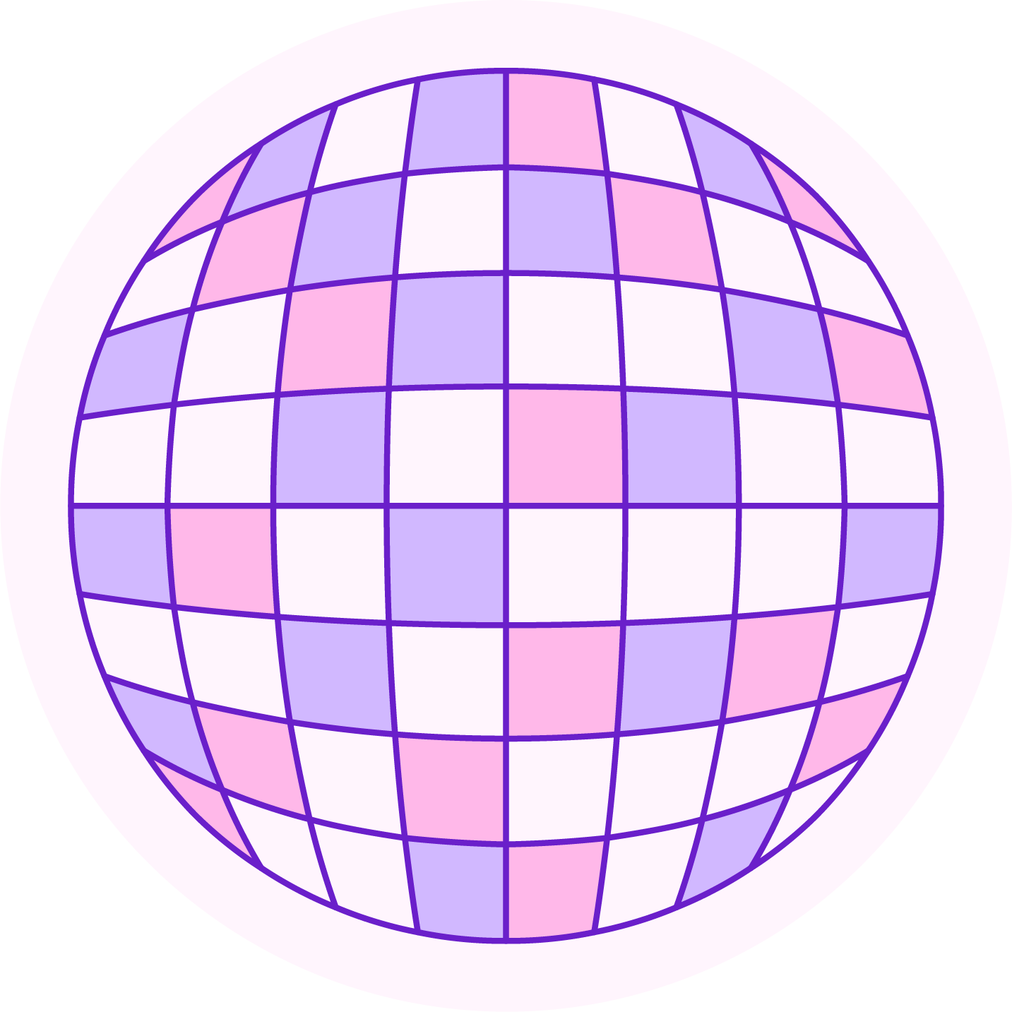A digital illustration of a disco with a grid pattern, featuring light purple and pink highlighted sections, encased in a white circular background.