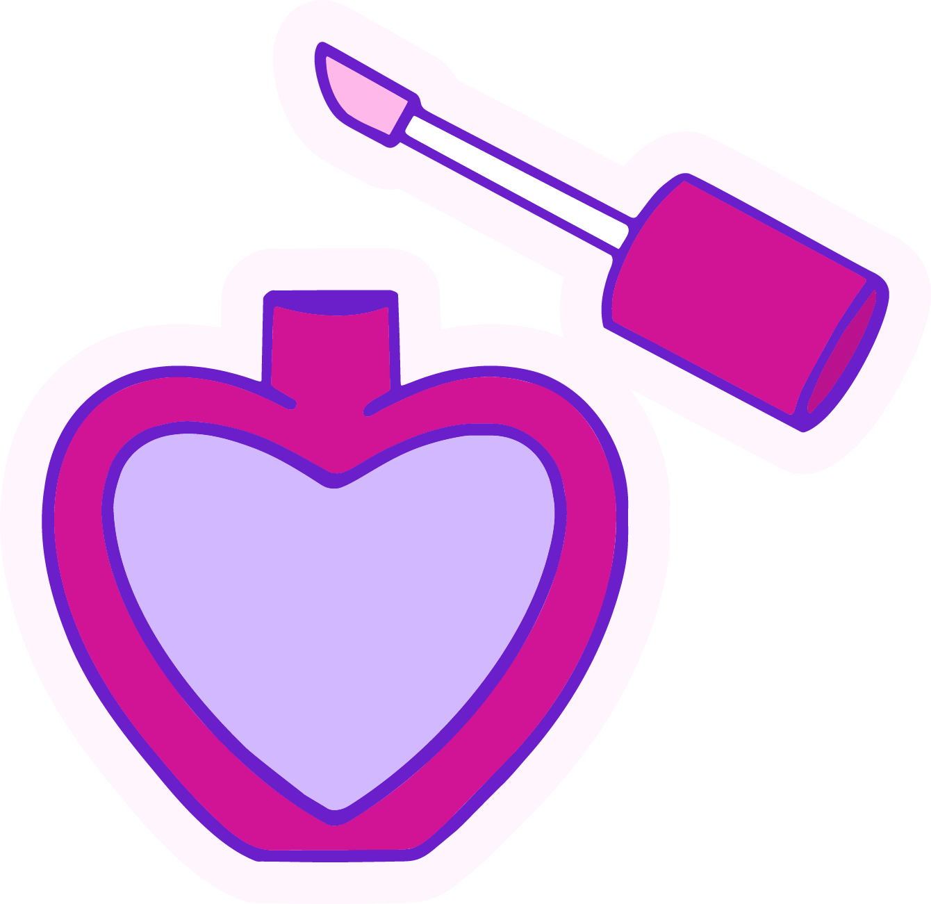 Stylized illustration of a perfume bottle shaped like a heart, with a spray nozzle emitting a spray.