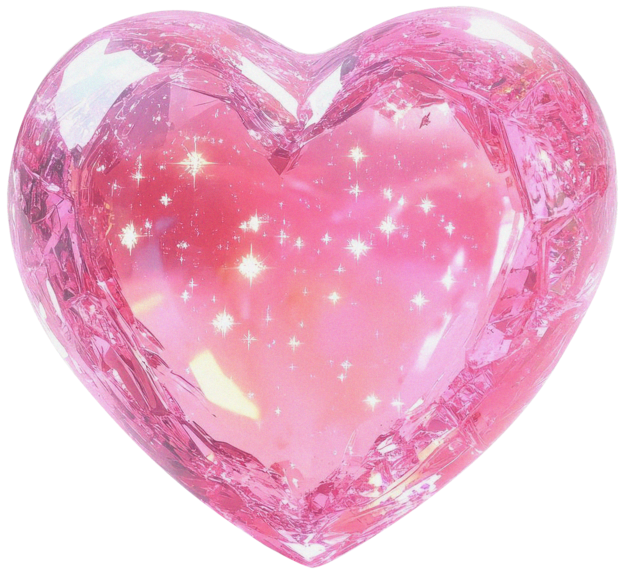 A pink, glittery heart-shaped 3D object with a smooth, shiny surface, adorned with small sparkling stars around it.