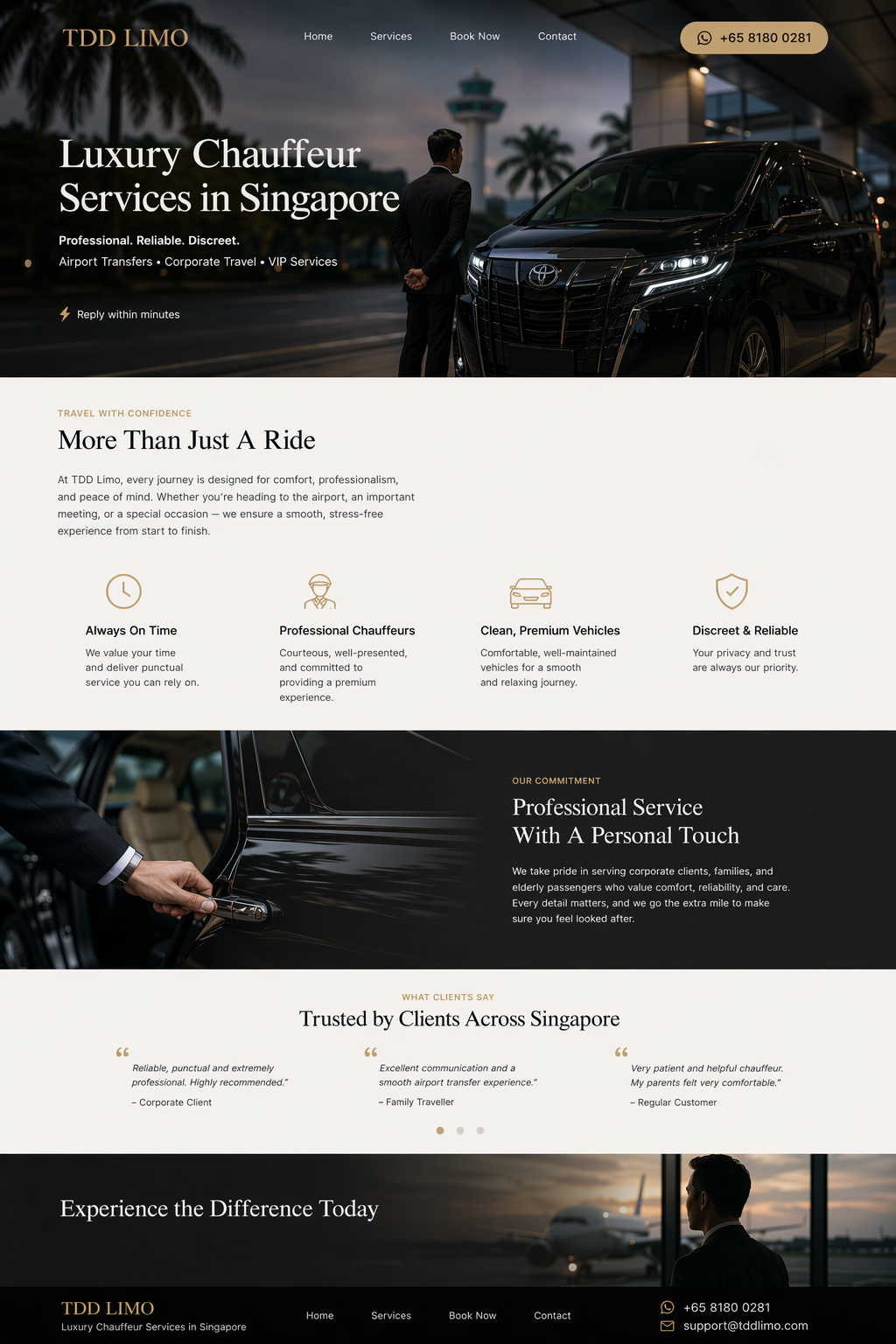 Webpage for TDD Limo luxury chauffeur service in Singapore, featuring a man in a suit standing next to a black chauffeur vehicle at an airport, with a control tower in the background.