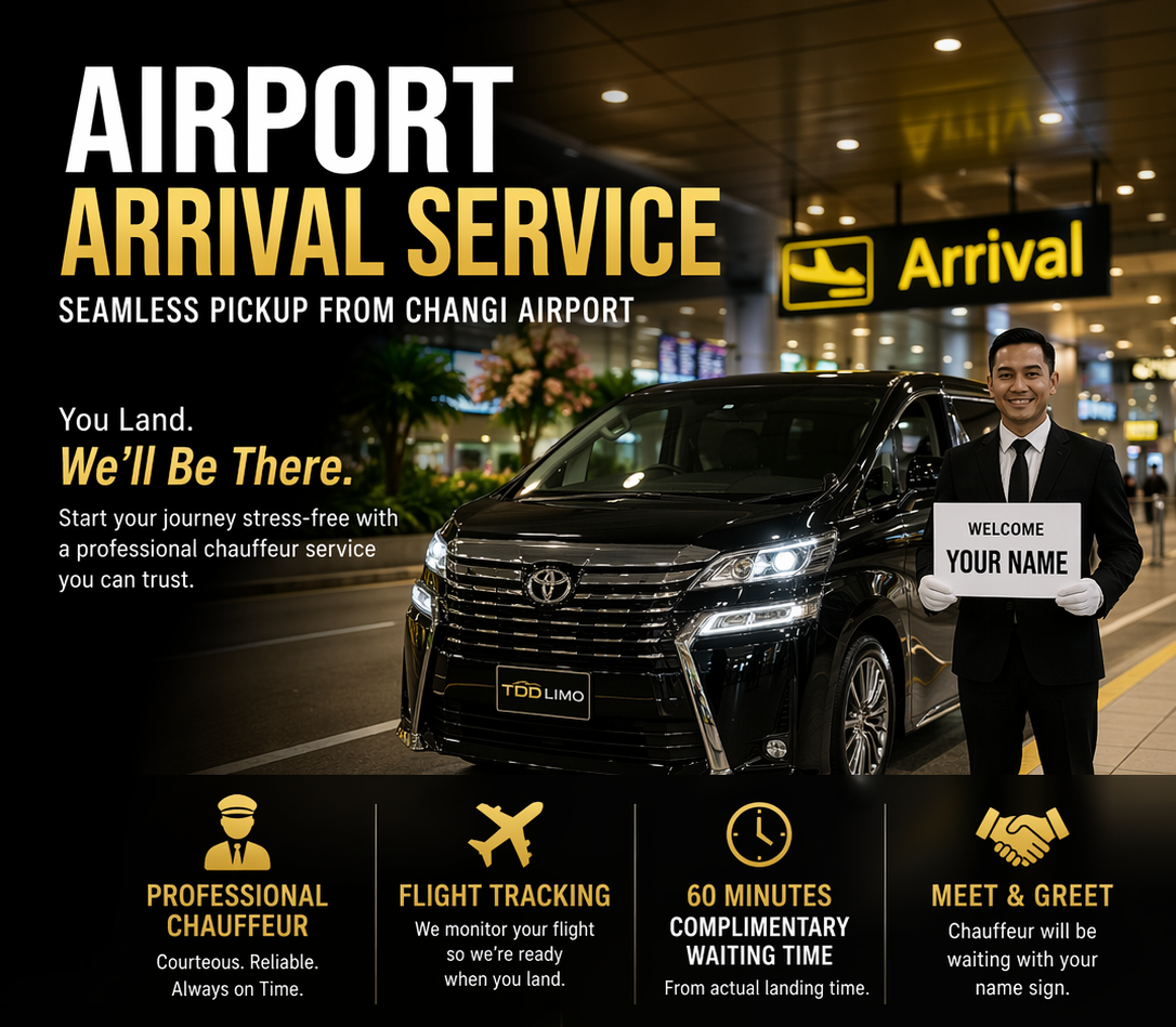Airport arrival service advertisement at Changi Airport featuring a black Toyota vehicle, a smiling chauffeur in a suit holding a welcome sign reading 'Welcome Your Name,' and an illuminated 'Arrival' sign in the background.
