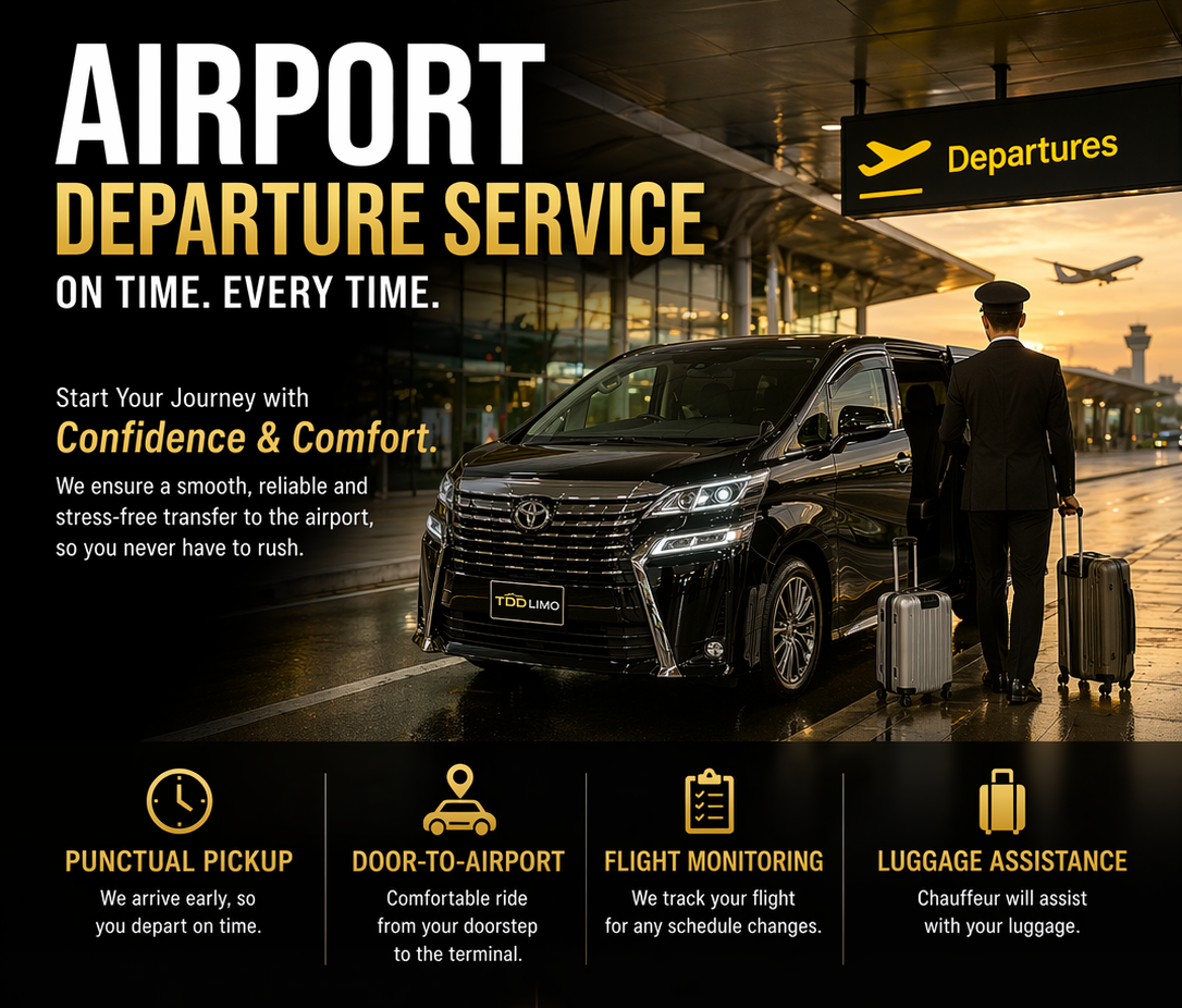 Advertisement for airport departure service highlighting punctual pickup, door-to-airport transportation, flight monitoring, and luggage assistance with a black luxury van and a chauffeur at the airport terminal during sunset.