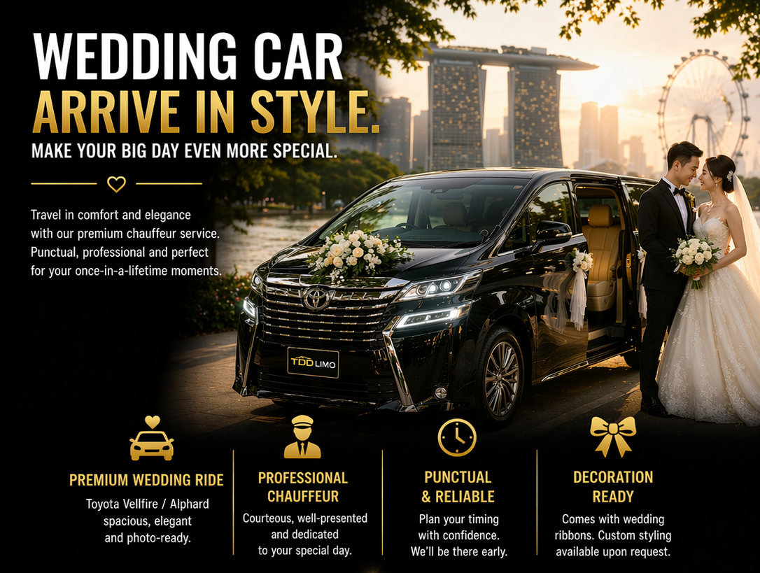 Wedding advertisement featuring a black luxury minivan with floral decorations, a bride and groom in wedding attire, and a city skyline with a ferris wheel in the background at sunset. The text highlights premium wedding ride, professional chauffeur, punctuality, and decoration services.
