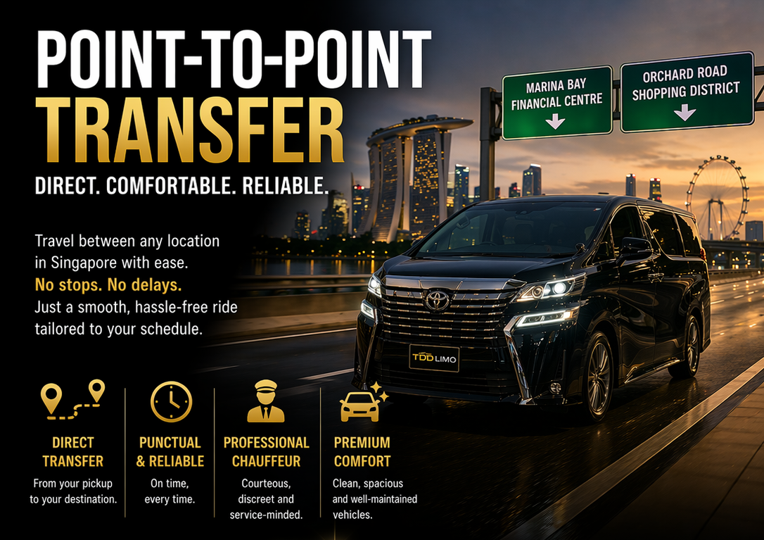 A black luxury van on a city bridge at sunset with Singapore landmarks in the background, including Marina Bay Sands and a Ferris wheel. The image promotes a point-to-point vehicle transfer service.