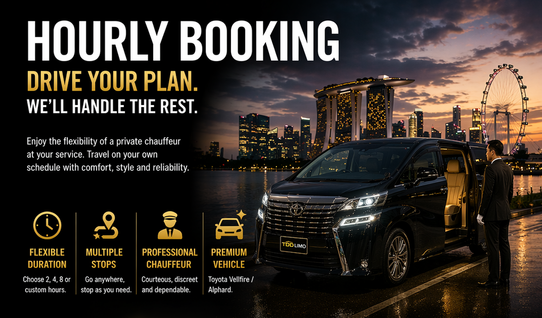 Advertisement for hourly car rentals featuring a black luxury vehicle at sunset with city skyline and Ferris wheel in background. Text highlights flexible duration, multiple stops, professional chauffeur, and premium vehicle.