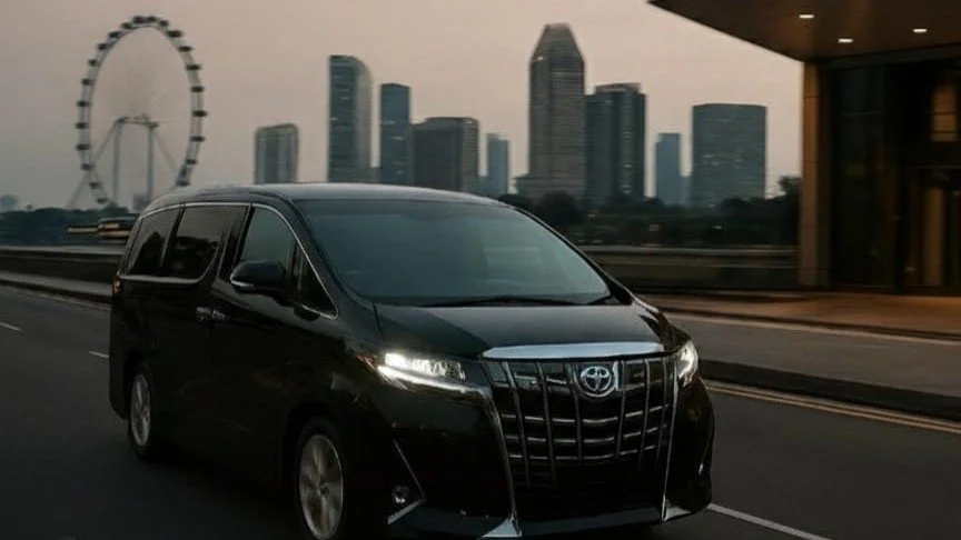 Black Toyota Vellfire driving on a city highway with skyscrapers and Singapore Flyer in the background