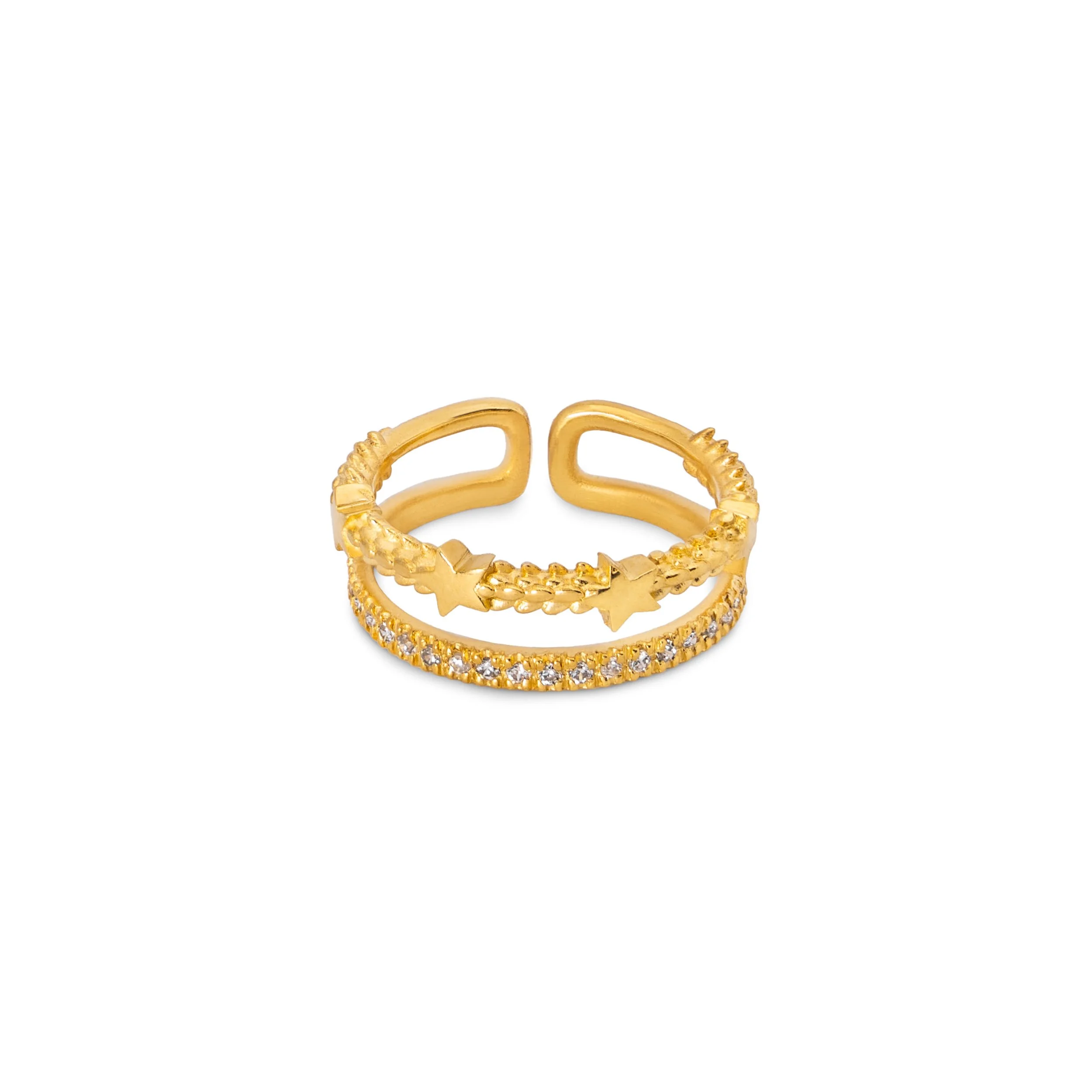 Three gold rings, one with small diamonds, arranged on a white background.