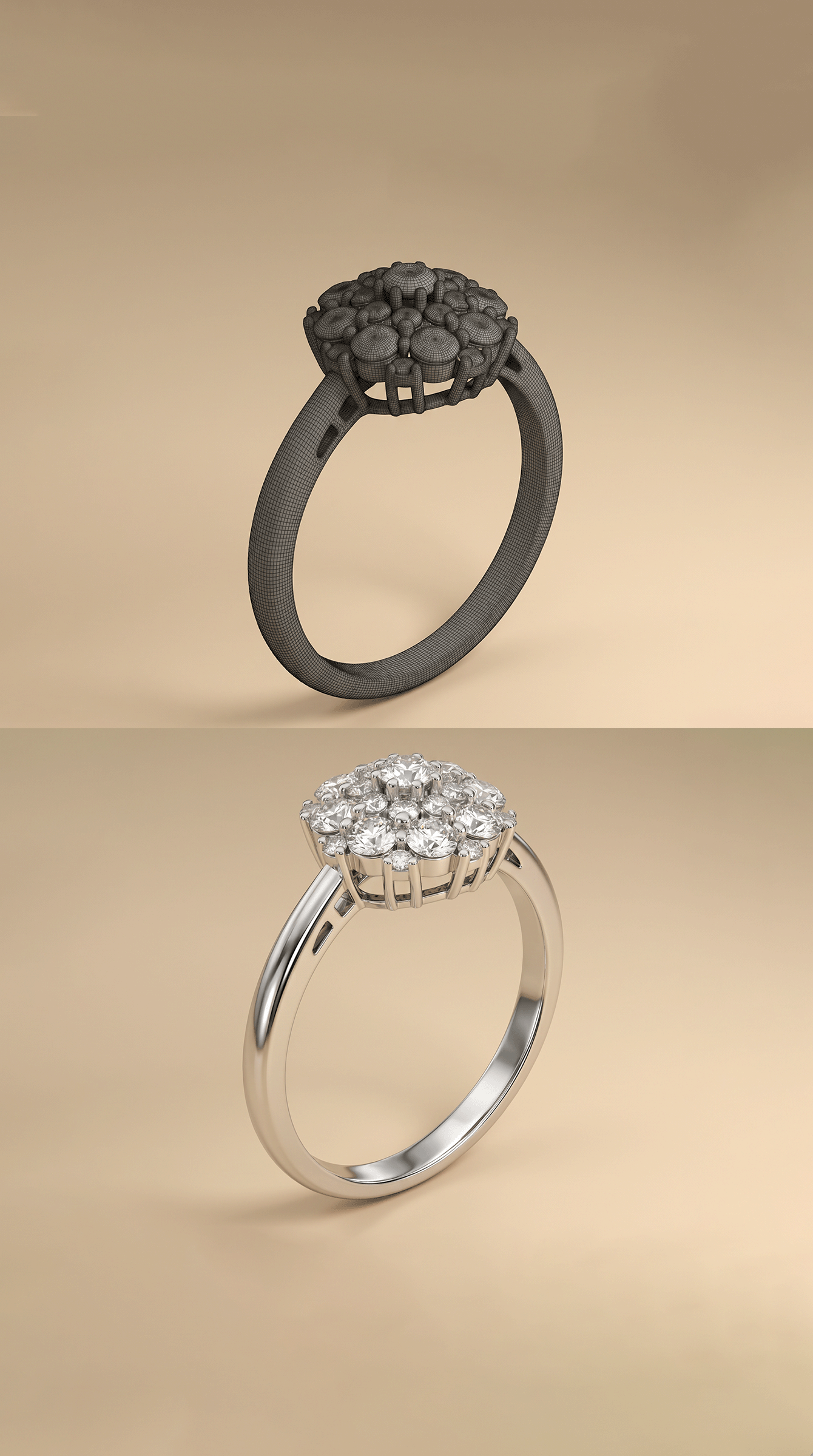 Two rings: one black with a cluster of small stones on top, one silver with multiple large diamonds on top.