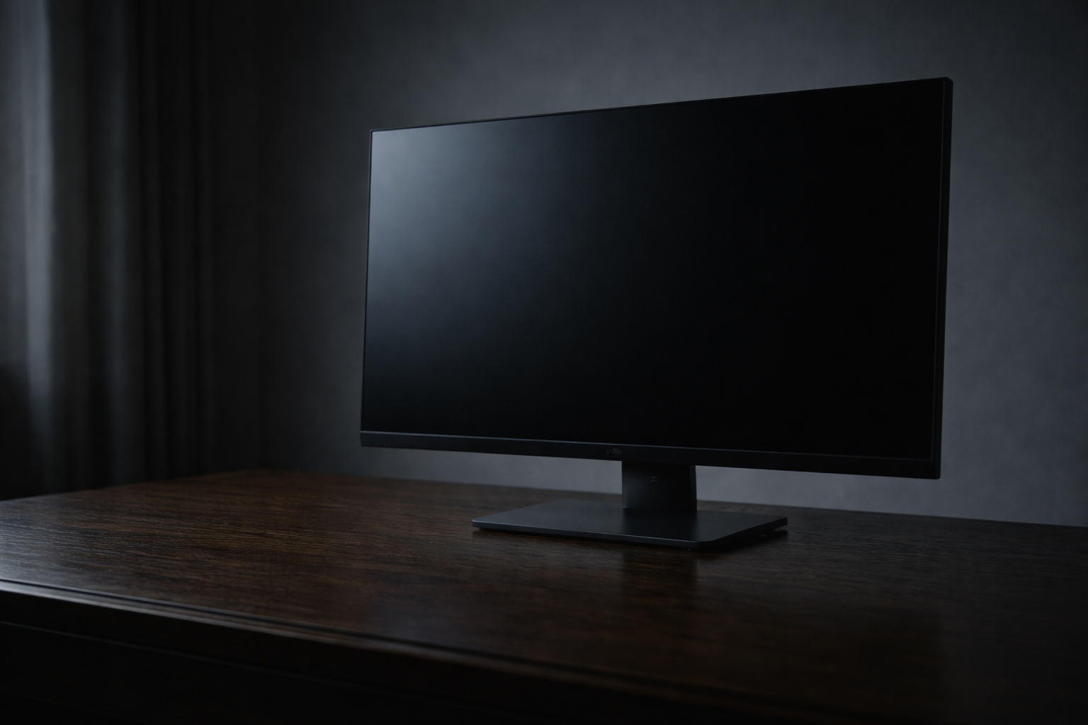 A black computer monitor on a wooden desk against a dark gray wall. Symbolic image representing compulsive gaming and technology use, behavioral addictions treated at Lazar Clinical.