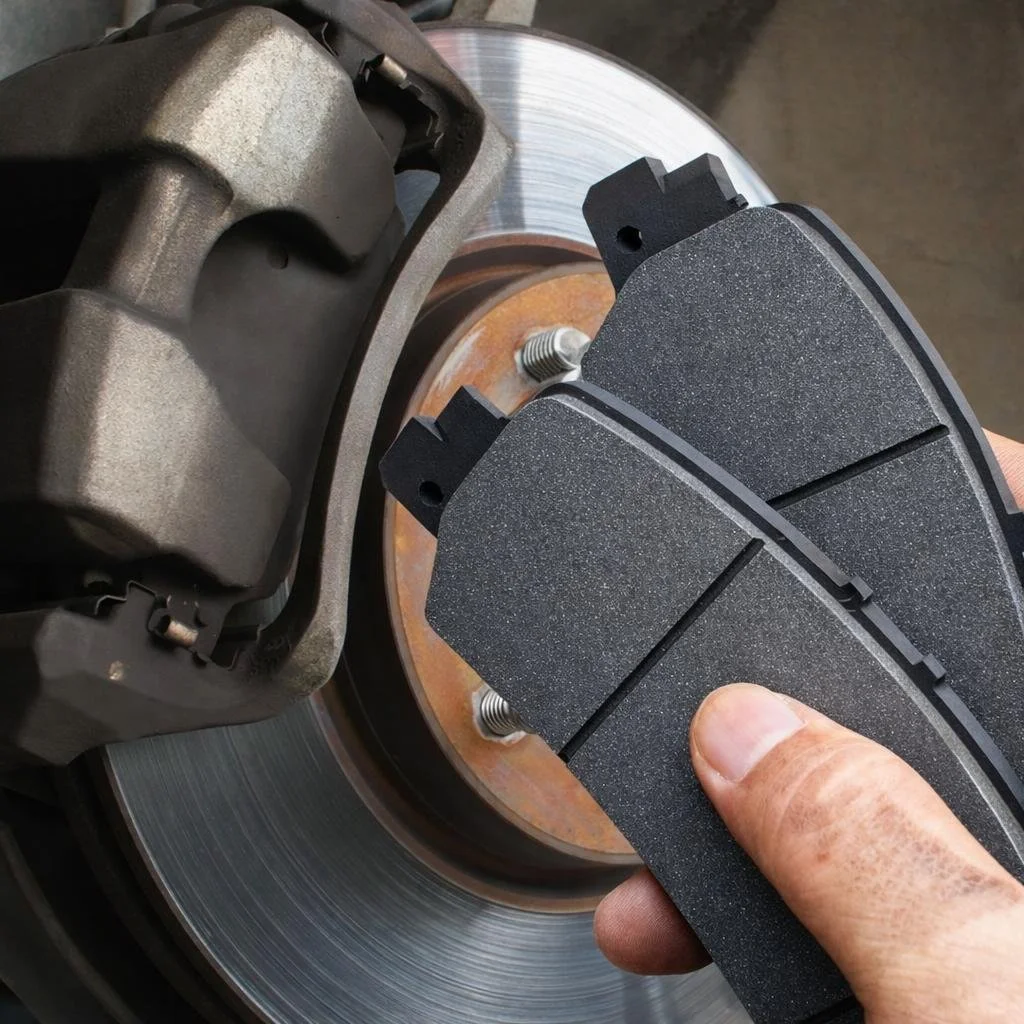 A hand holding brake pads near a car brake disc rotor on a vehicle wheel assembly.