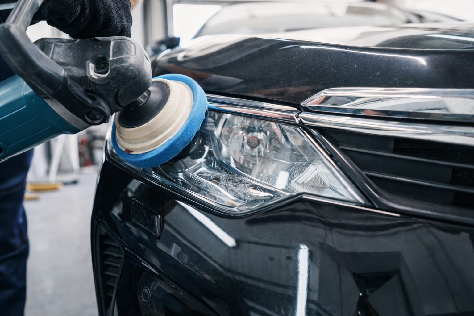A person is polishing or detailing a black car's headlight using a electric buffer with a blue and white foam pad in a garage or workshop.