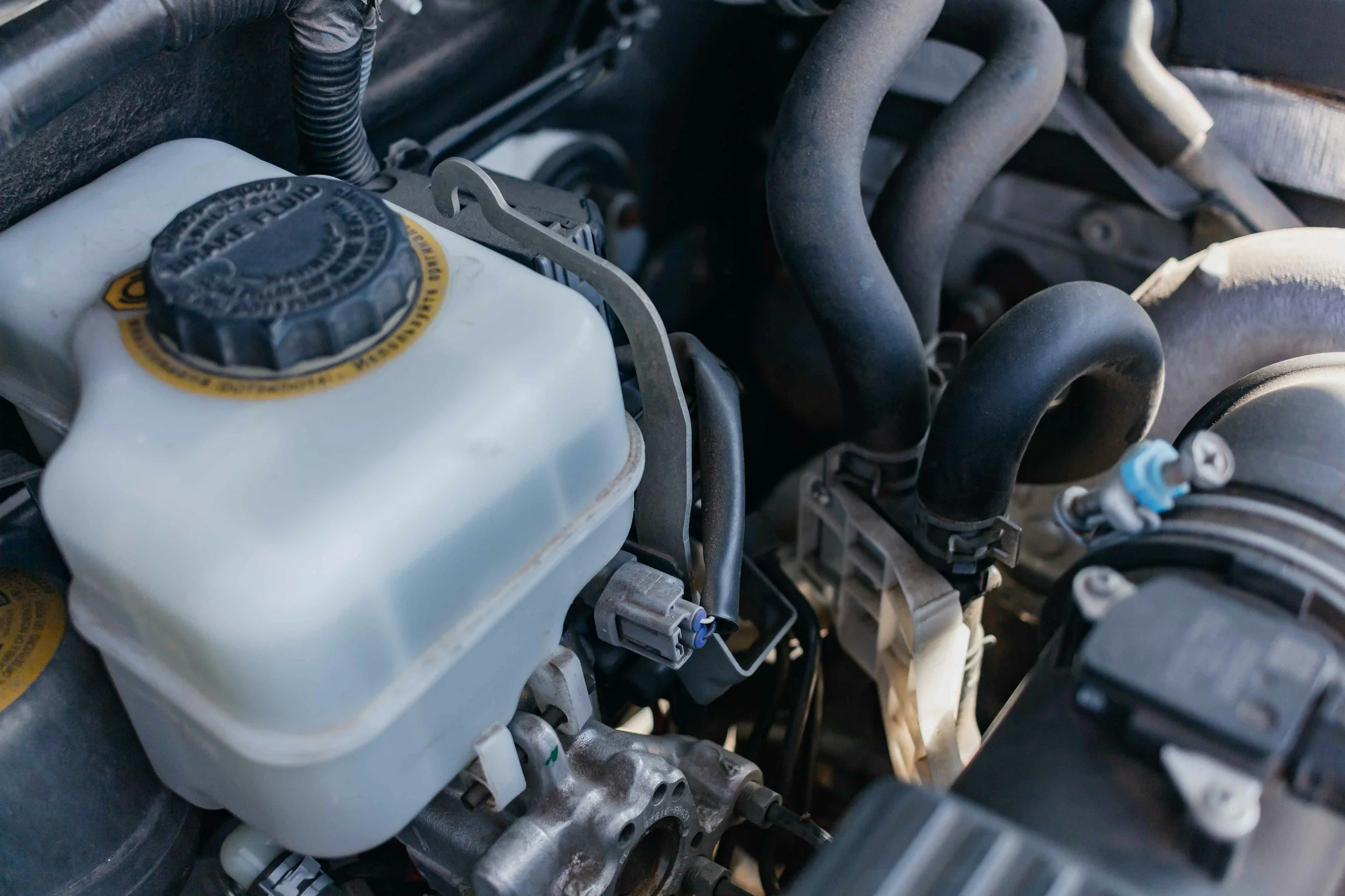 Close-up of a car engine showing various hoses, a white fluid reservoir with a black cap, and metal engine components.