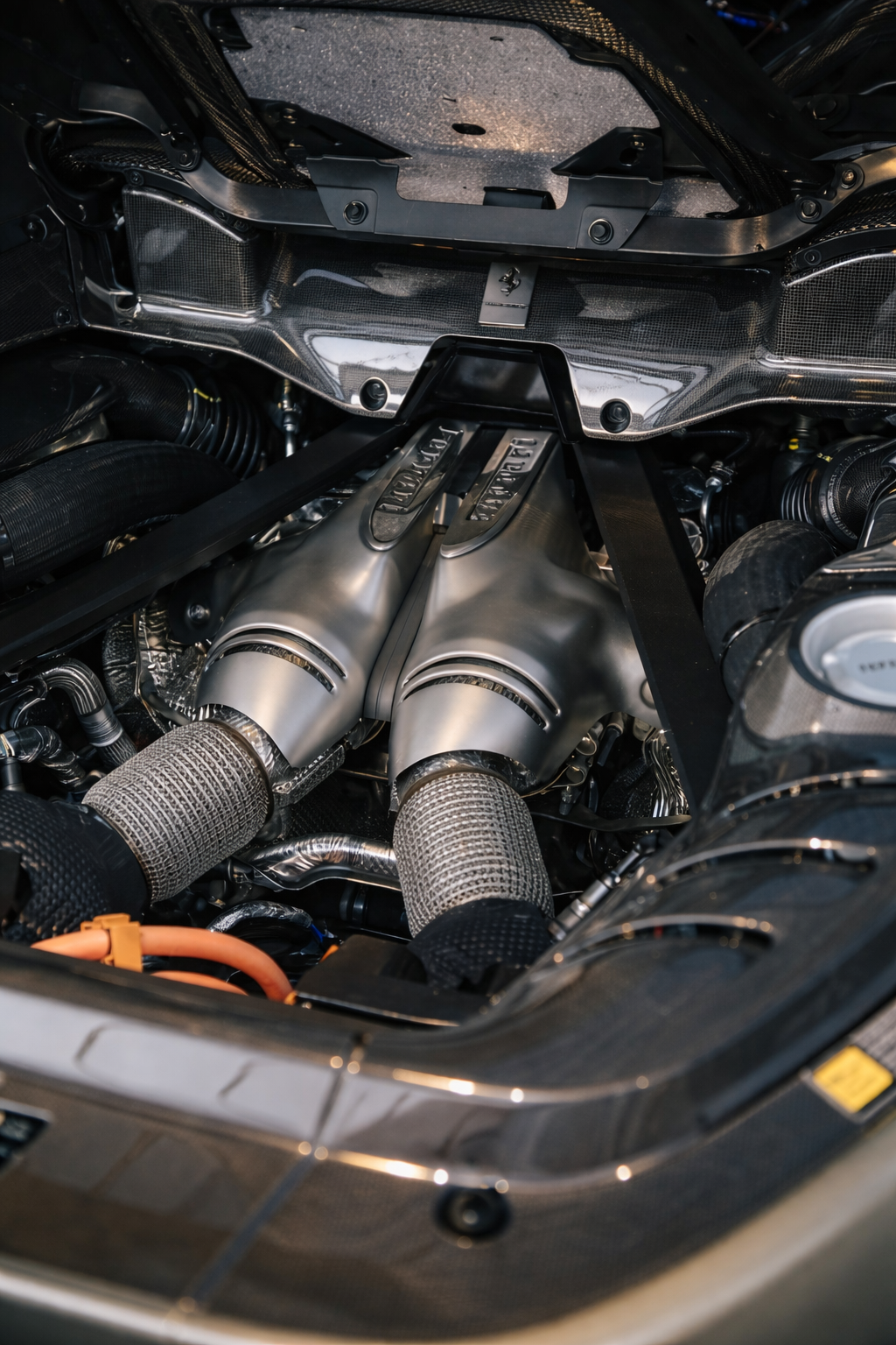 Close-up view of a high-performance car engine with twin turbochargers, metallic pipes, and carbon fiber components.