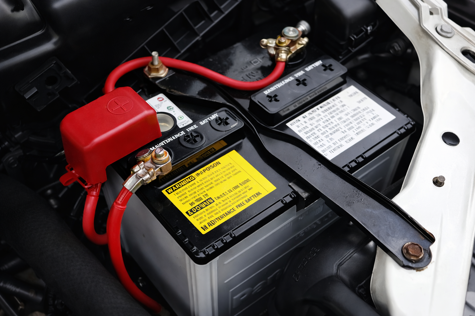 Car battery with red terminal cover and connected red cables inside an engine bay.