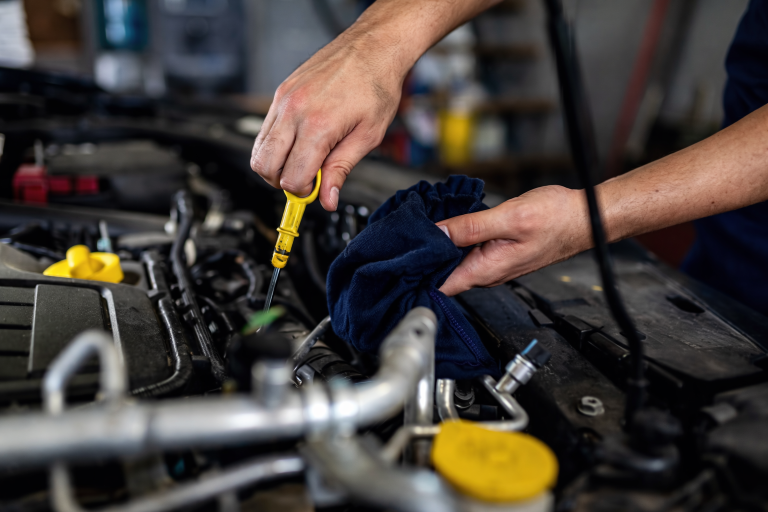 A person working on a car engine, using a screwdriver and wiping with a cloth.