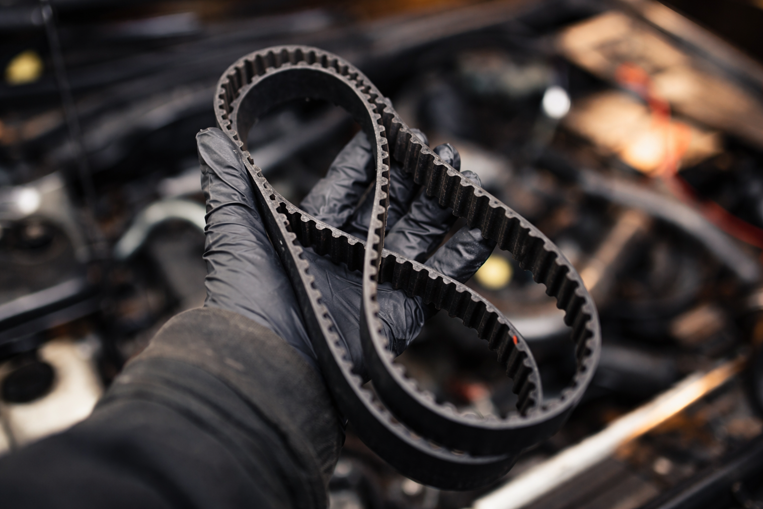 A person wearing black gloves holding a black rubber timing belt, with a blurred engine bay in the background.