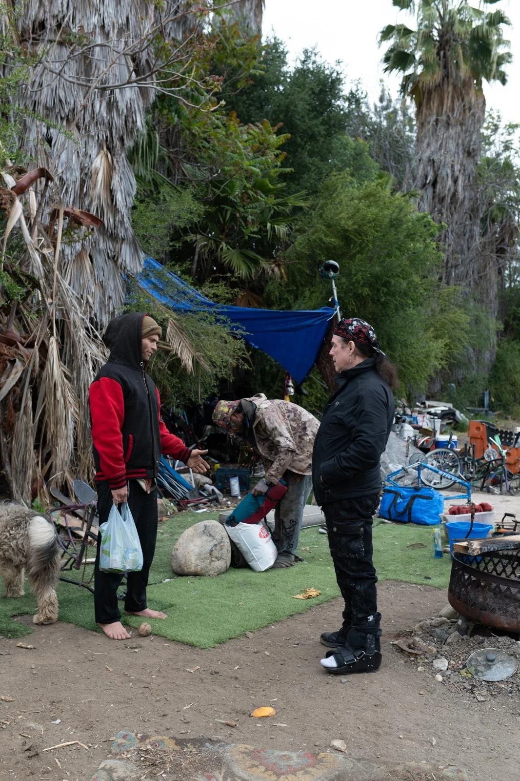 Three people and a dog at a park or outdoor gathering, with one person wearing a prosthetic leg, engaging in conversation. The scene has trees, bikes, and various outdoor items in the background.