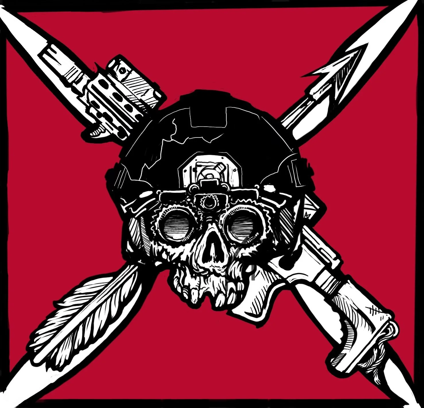 Illustration of a skull with goggles, surrounded by knives, swords, and a gun, set against a red background.