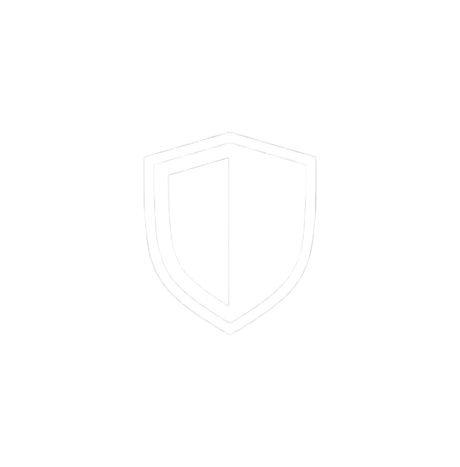 A black shield logo with a white outline and a white vertical split in the center.