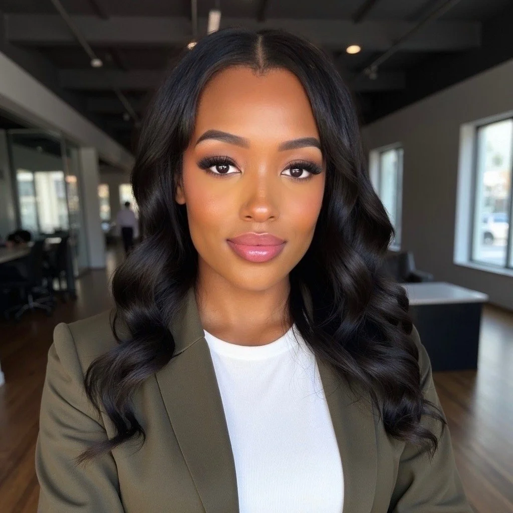Close-up portrait of a woman with long, wavy black hair, wearing a white top and olive green blazer, sitting in an office with large windows and modern furnishings.