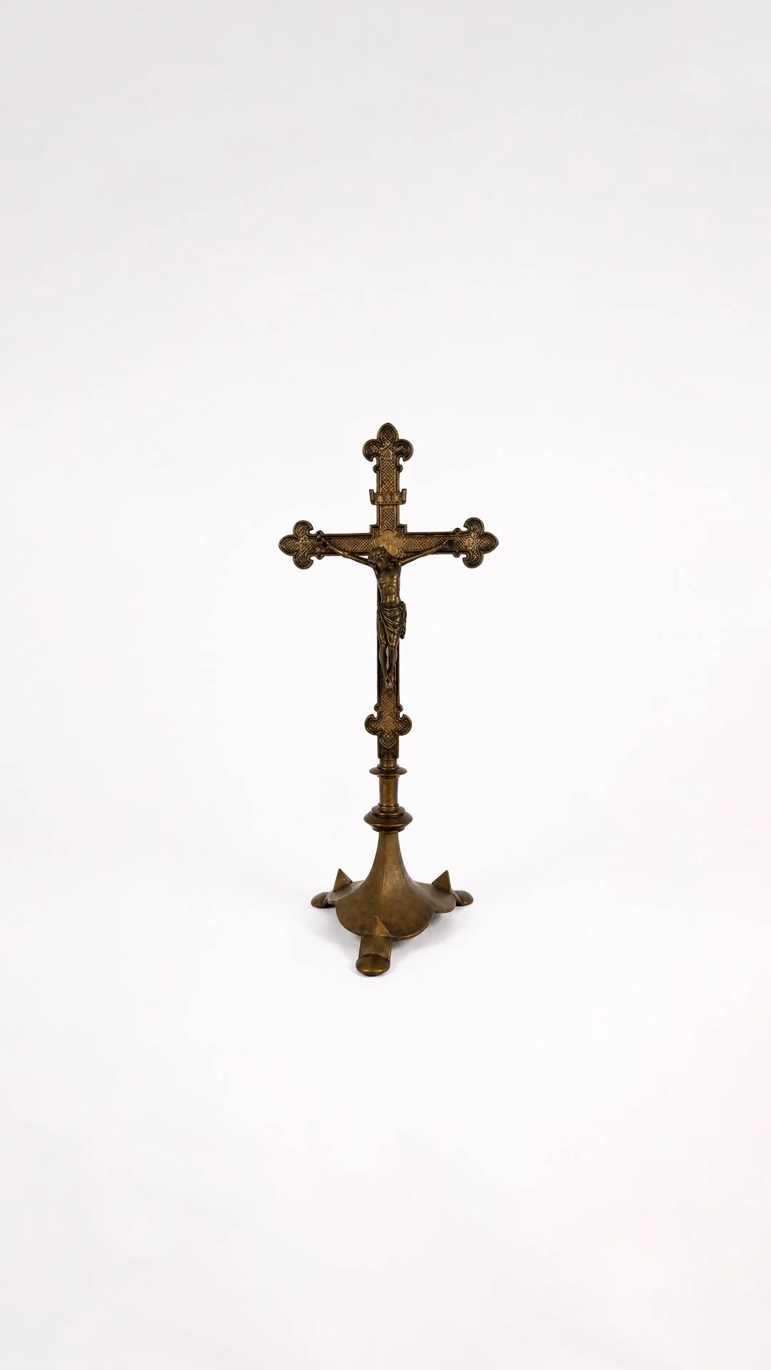 Antique French Gothic Revival Altar Crucifix in Brass & Bronze