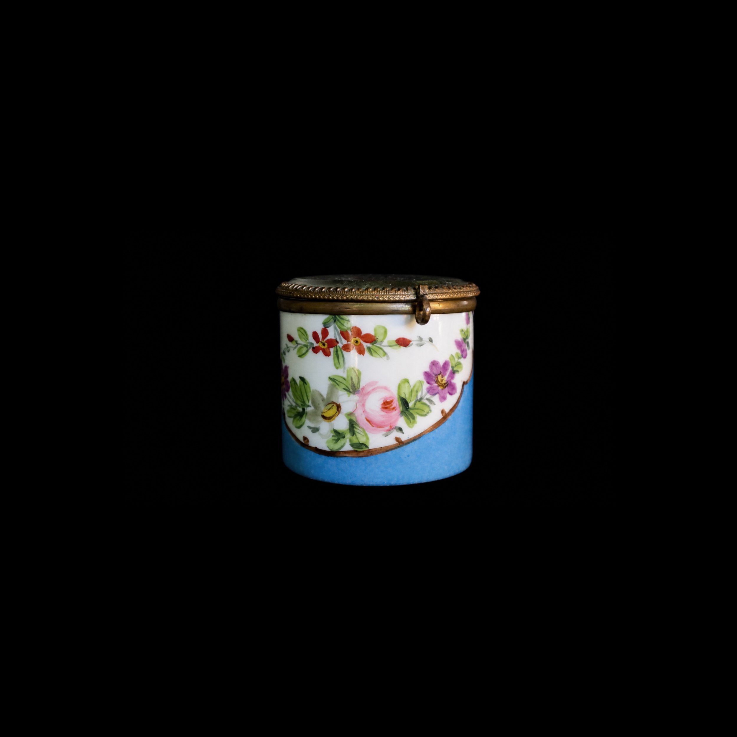 Antique Hand-Painted Porcelain Trinket Jar with Gilt Mount & Crystal Lid