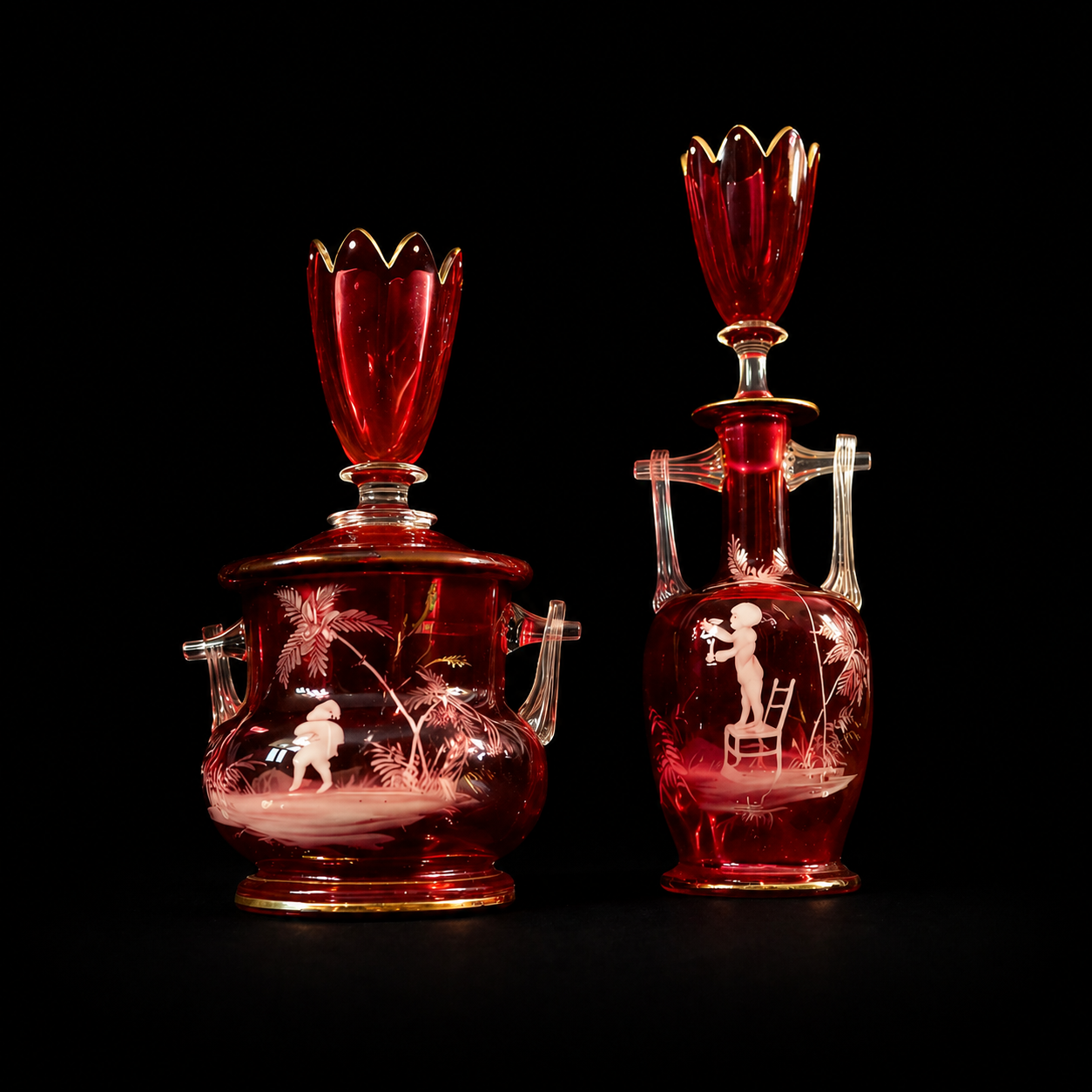 Victorian Mary Gregory Cranberry Glass Vessels - Pair