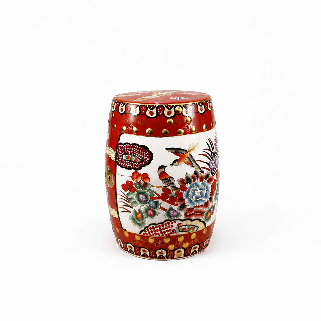 Vintage Hand-Painted Chinoiserie Ceramic Garden Stool in Crimson & Gold